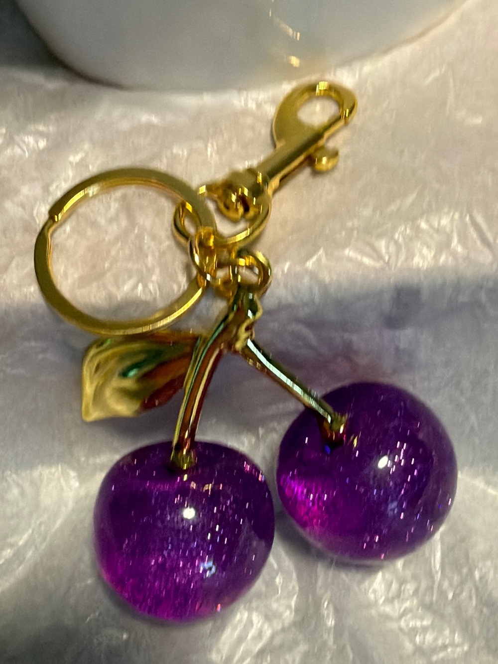 Gold Cherry Keychain with Purple Glitter Cherries